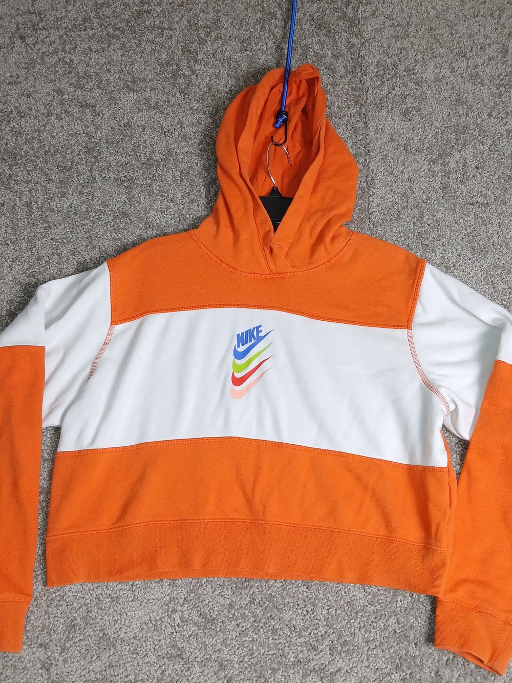 Nike Hoodie Womens Cropped Orange White Colorblock Stacked Swoosh Pullover Large